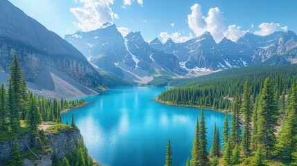Lake surrounded by evergreen trees and mountains under a blue sky.