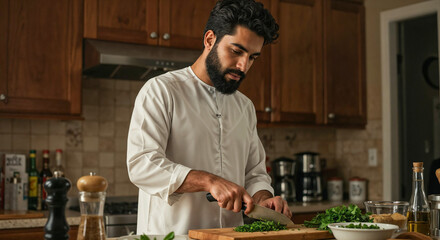Man cutting parsley in modern kitchen, cooking healthy meal