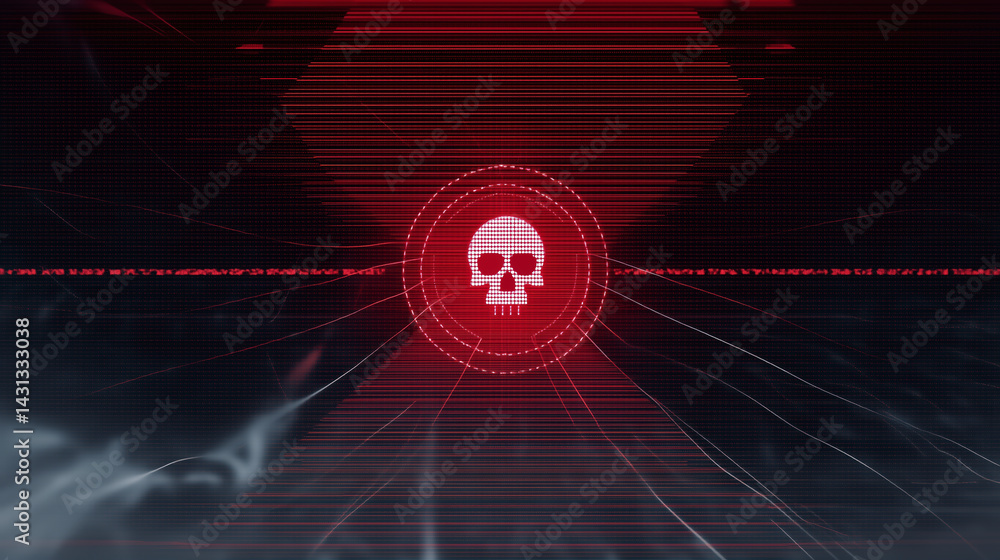 Poster digital skull symbol with red glowing background and abstract lines creating a futuristic technology