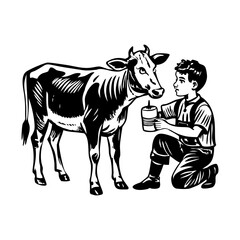 Feeding cow illustration in vintage style 