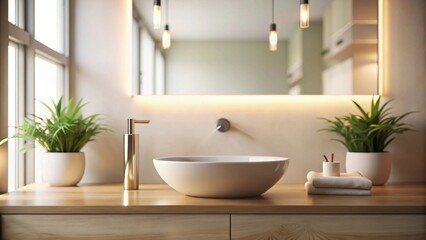 Modern minimalist bathroom vanity with wooden countertop, illuminated mirror, and potted plants