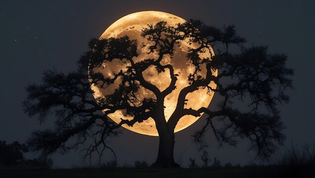 Full moon, giant orange moon, silhouette of tree, gnarled oak tree, moonrise, night sky, dark landscape, intricate tree branches, atmospheric, dramatic lighting, nature photography, high contrast, eth