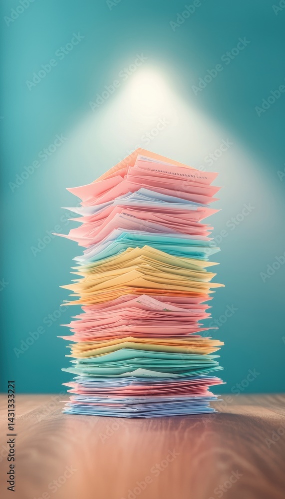 Poster a colorful stack of paper documents is illuminated against a teal background, creating a vibrant and