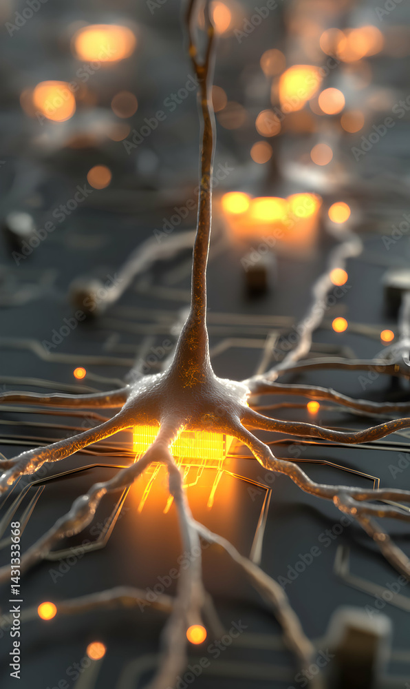 Poster neural network concept with a microchip implanted in a human neuron, symbolizing technological advan