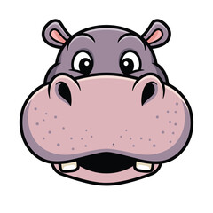 Cartoon hippo head illustration featuring a large, rounded face with a wide, pink snout dotted with small spots. 