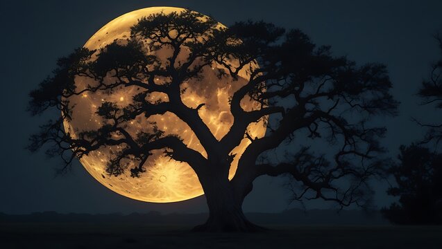 Full moon, giant orange moon, silhouette of tree, gnarled oak tree, moonrise, night sky, dark landscape, intricate tree branches, atmospheric, dramatic lighting, nature photography, high contrast, eth