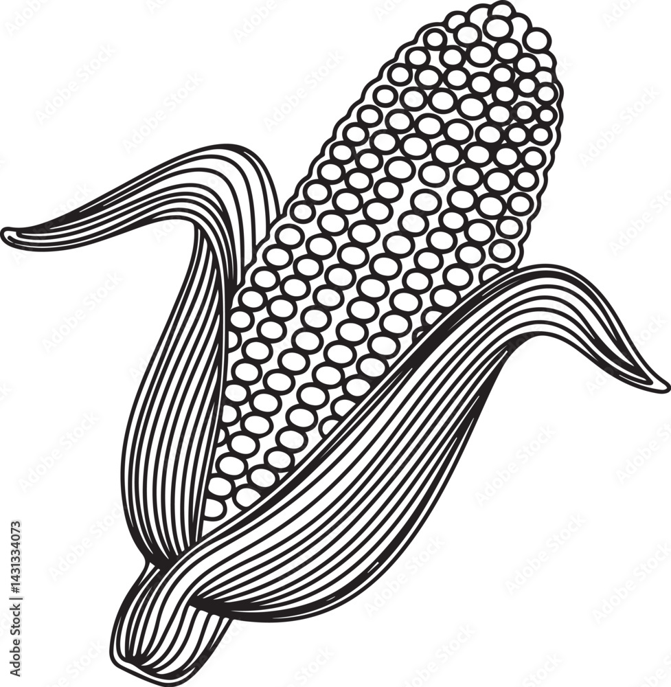 Poster minimalistic black continuous line art illustration of a corn cob maize ear on a clean white backgro