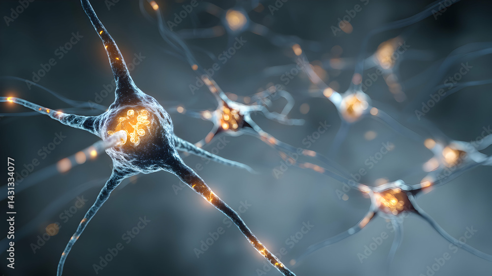 Poster intricate neural network depicting signal transmission between neuron cells with luminous synapses