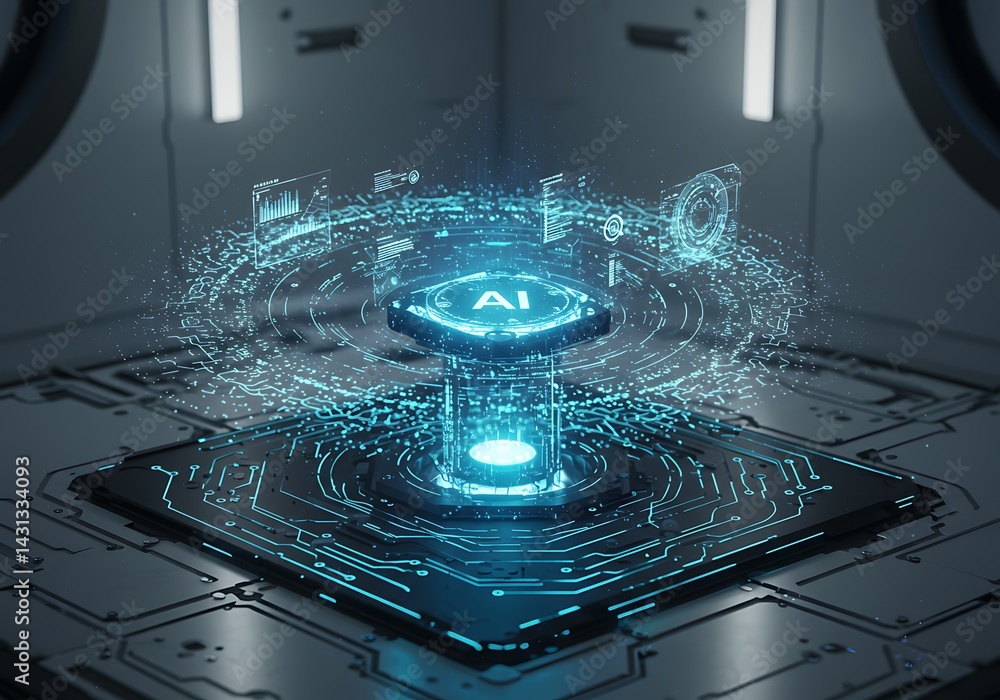 Poster futuristic ai technology concept: a glowing ai symbol at the center of a complex technological struc