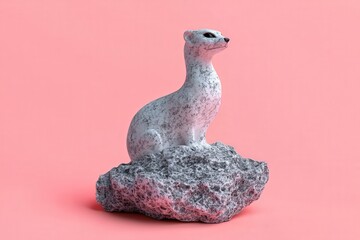 Obraz premium Small, light gray weasel figurine atop a dark gray rock.