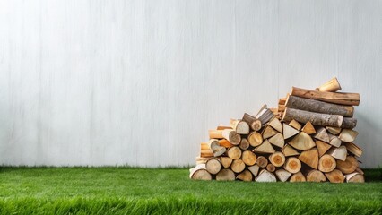 A neatly stacked pile of firewood rests on vibrant green grass against a smooth, light-colored wall, offering a serene and inviting outdoor scene.