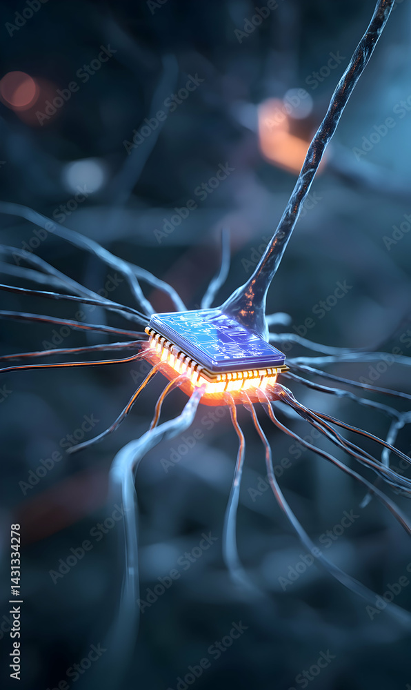 Poster neural integration concept showcases a microchip communicating within a complex human brain cell net