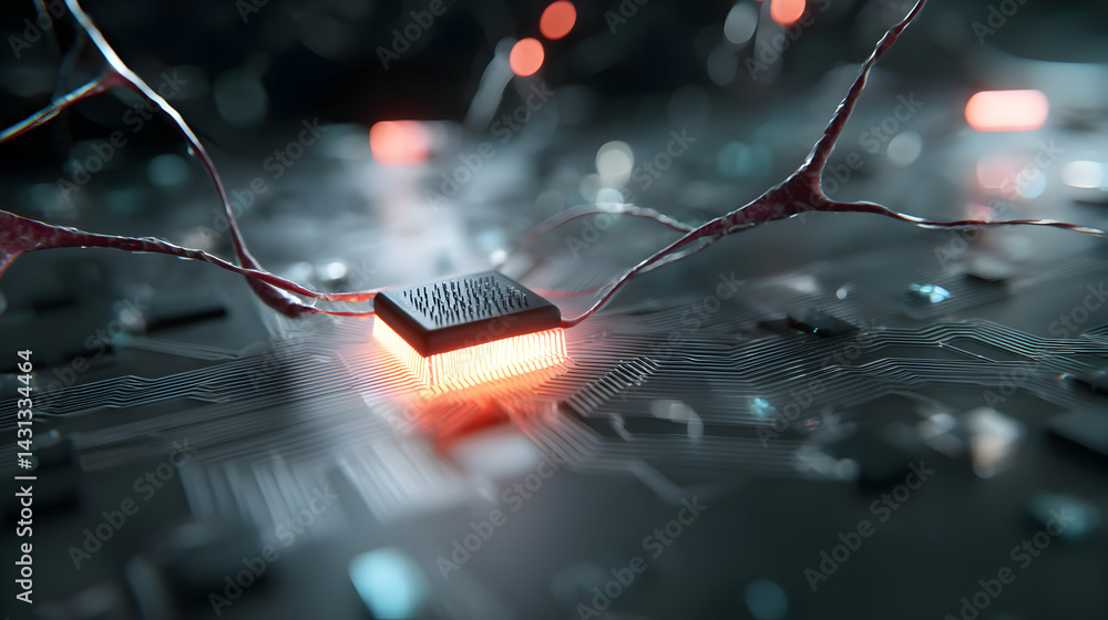 Poster neural integration glowing microchip embedded within a human neural network futuristic interface con