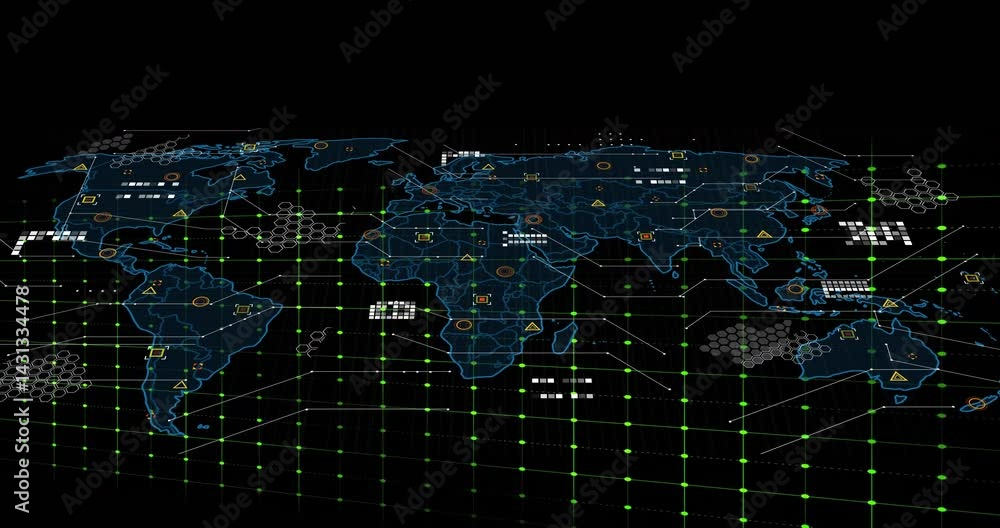 Poster digital world map pulsing across dark grid, showing neon ecg waveform, glowing nodes and honeycomb