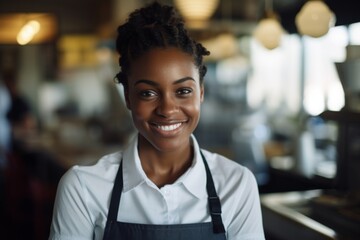 Fototapeta premium Smiling portrait of a young female African American waiter in a cafe