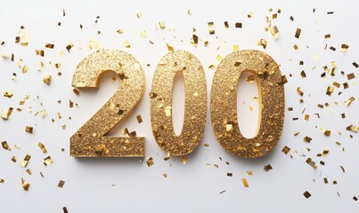 Golden Glittery Number 200 Surrounded by Festive Confetti