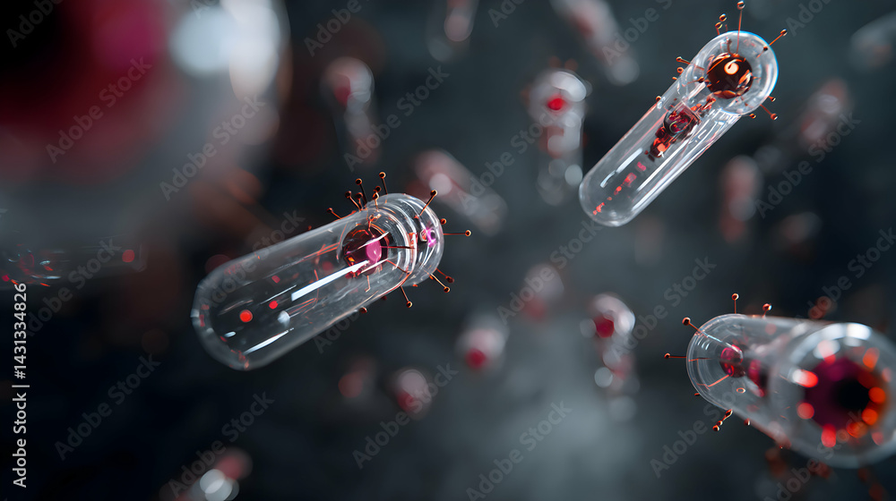 Poster depiction of nanoengineered robots navigating a biological system for potential therapeutic interven