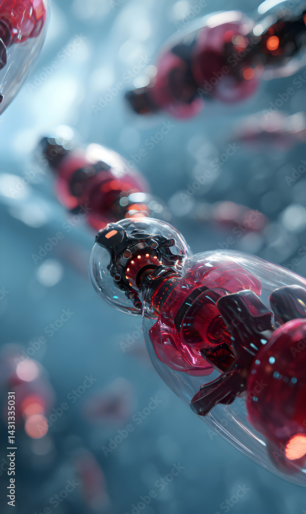 Poster envisioning precision medicine microscopic robots navigate through the bloodstream offering targeted