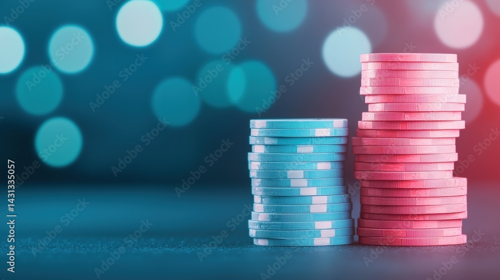 Poster stacks of blue and pink coins are arranged against a blurred background, creating a visually strikin