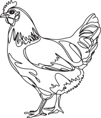 Minimalist hen illustration in black continuous line drawing style showing a standing chicken isolated on white background with simple modern linear artwork approach