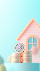 A stack of coins topped with a dollar sign stands beside a pastel-colored house, symbolizing savings and investment in property.