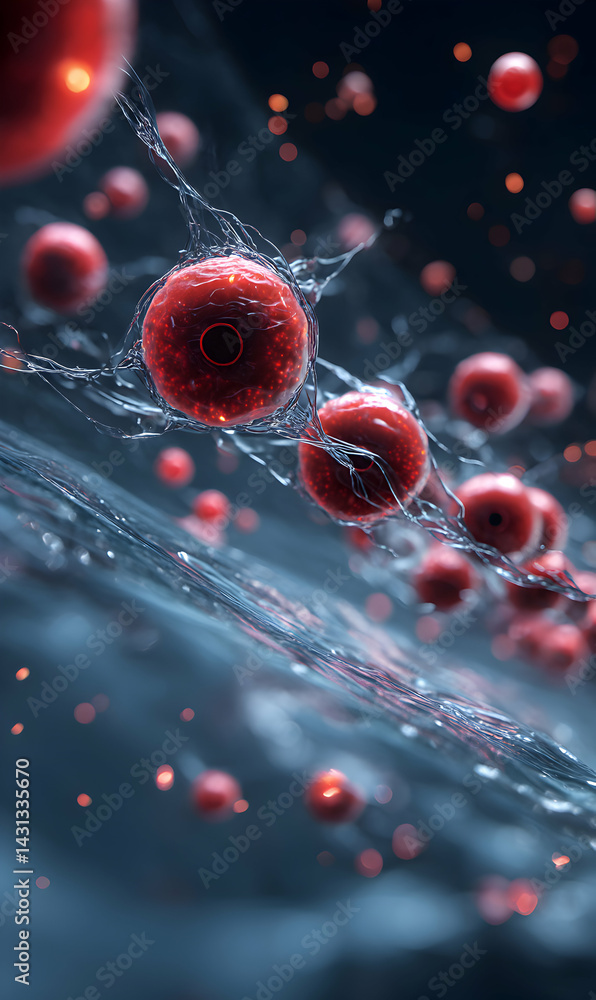 Poster intricate network of nanobots navigating a complex bloodstream showcasing advanced biotechnology con