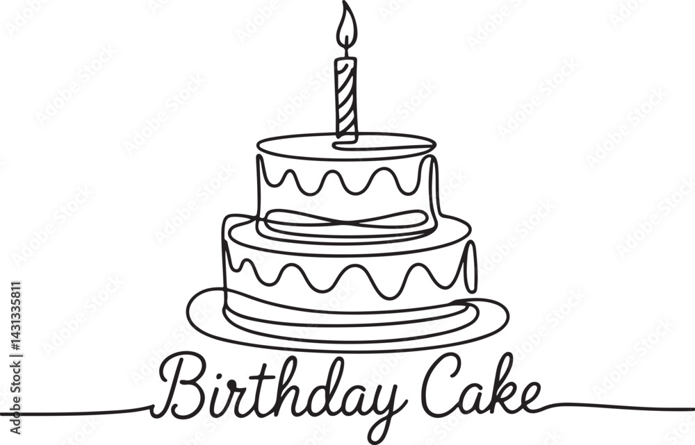Poster elegant line art drawing of a birthday cake with lit candle depicted in black continuous stroke styl