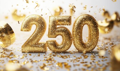Golden Glittering 250 Celebration Numbers with Confetti and Sparkles