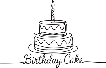 Elegant line art drawing of a birthday cake with lit candle depicted in black continuous stroke style isolated on white background with clean minimal design appeal