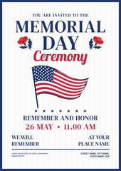 Memorial Day Ceremony poster invitation vector design. Flag of the United States with Poppy flowers