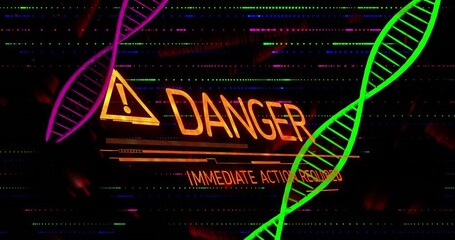 Neon triangle exclamation signaling warning flashing Danger over glitch screen, flanking DNA helix - Powered by Adobe