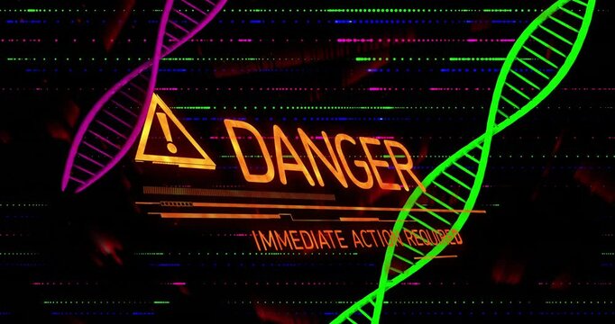 Neon triangle exclamation signaling warning flashing Danger over glitch screen, flanking DNA helix - Powered by Adobe