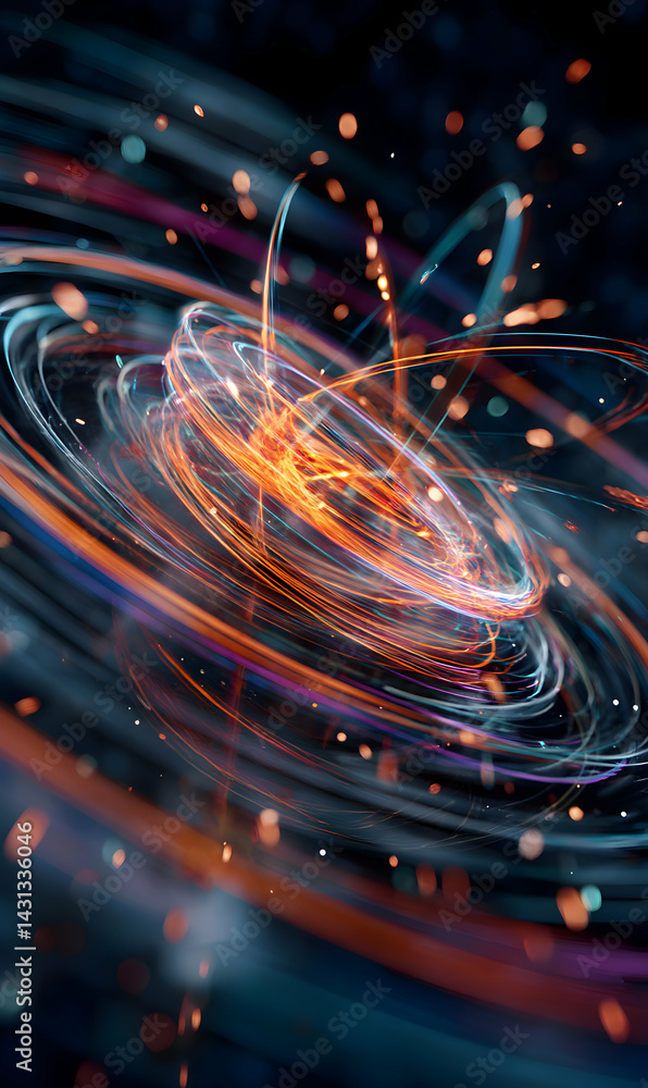 Poster energetic whirlwind of light particles displaying dynamic motion and vibrant color, an abstract rend