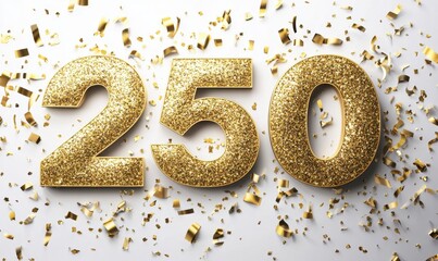 Golden Number 250 with Confetti on Bright Background
