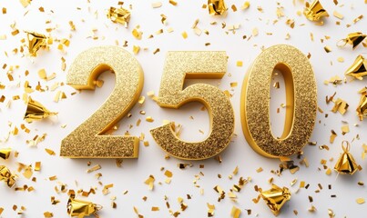 Golden Glittery Number 250 Surrounded by Confetti and Party Hats