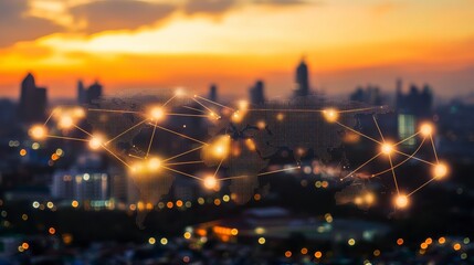 Glowing Network Map Over Blurred City at Sunset