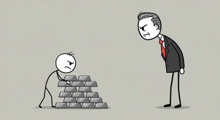 Cartoon Stick Figure Building Silver Bricks Wall Boss Inspecting