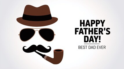 Obraz premium Creative Father's Day Design with Hat, Aviator Sunglasses, Mustache, and Pipe Forming a Face, Paired with 'HAPPY FATHER'S DAY!' Bold Typography on a Clean White Background for a Festive Tribute