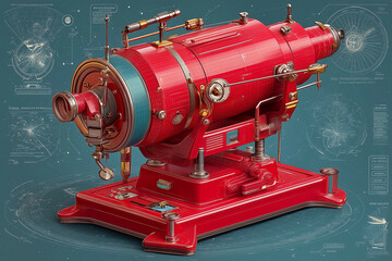 a red machine with a blue background and a blue background with a drawing of a machine on it's side