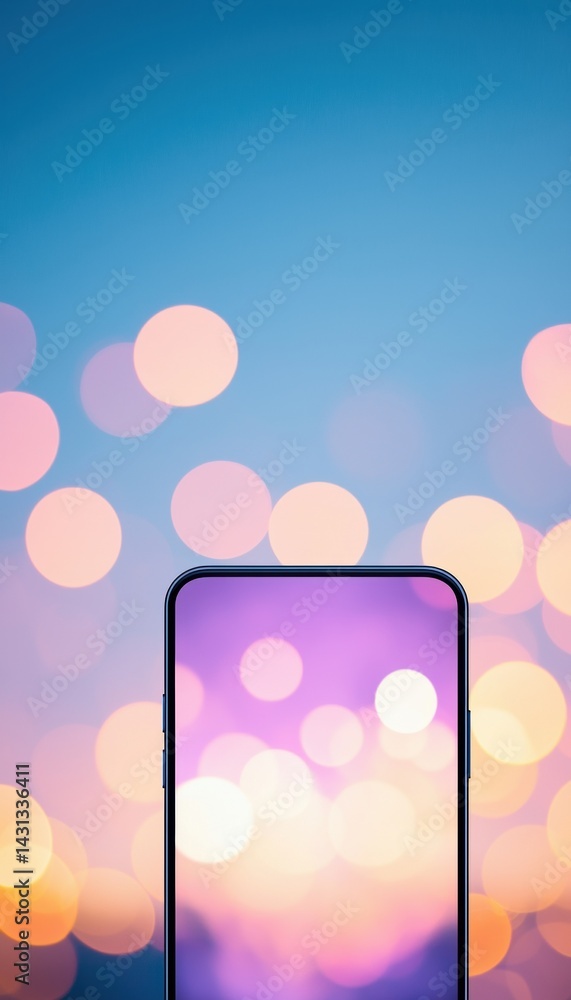 Aufkleber a modern smartphone displays vibrant bokeh lights against a soft blue backdrop, creating a visually 
