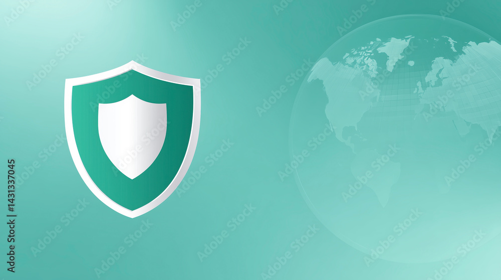 Poster shield icon representing security and protection on a soft green background with a globe illustratio
