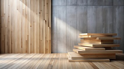 Sunlit Interior Design Mockup with Stacked Wooden Planks and Wood Panel Wall