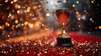 Golden trophy on red carpet with confetti and bokeh lights in background.