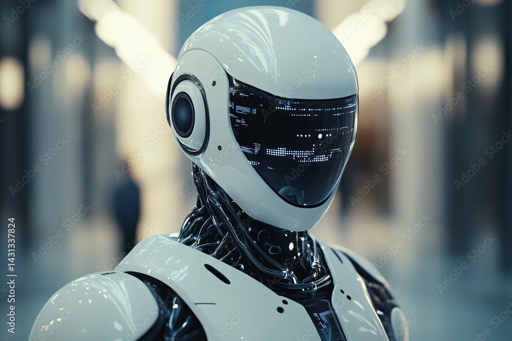 Poster futuristic robot portrait sleek design advanced technology digital display