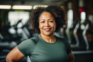 Smiling portrait of a middle aged slightly overweight woman in a gym in sports clothes