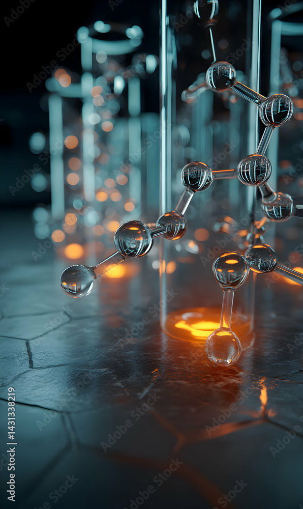 Poster futuristic molecular structure amidst a laboratory setting with soft ethereal glow lighting