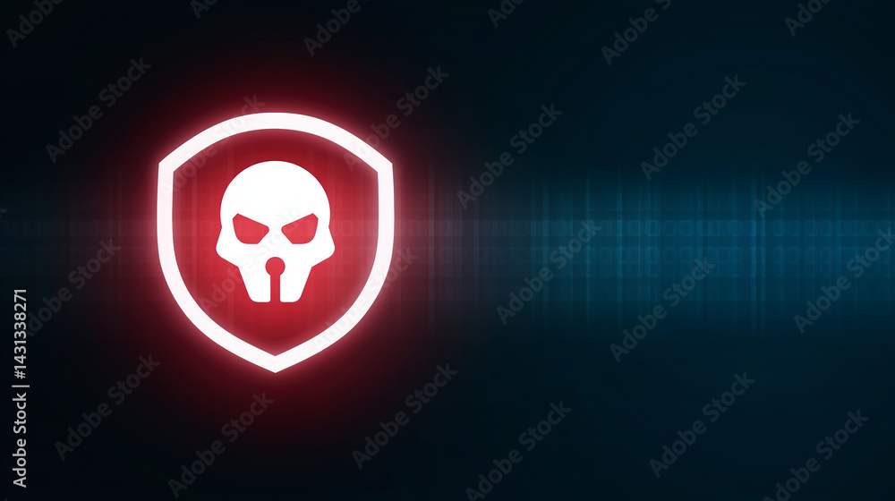 Poster digital shield logo featuring a skull symbol on a dark background with glowing red accents and a fut