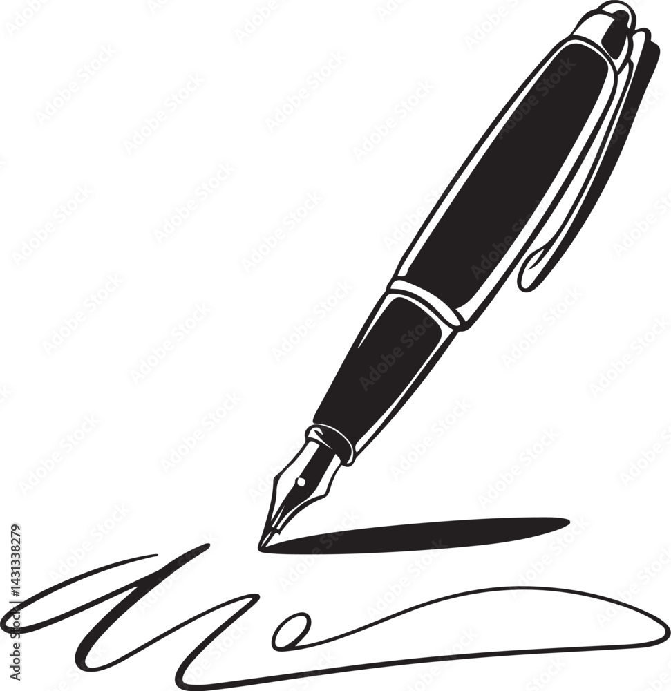 Poster continuous line art of a classic vintage ink pen writing on a document drawn in black minimalist sty