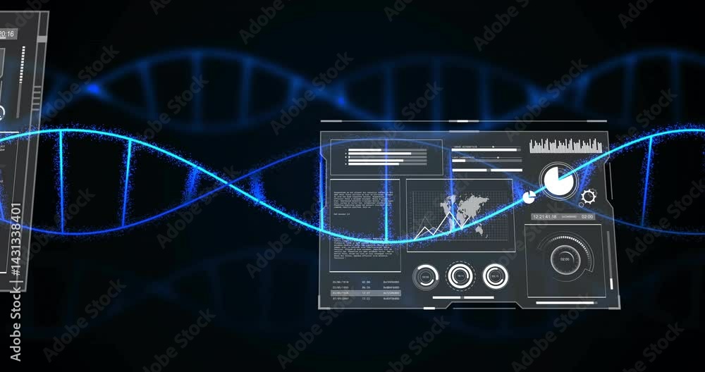 Poster digital data interface being animated against dark background, with clear panels and glowing strand