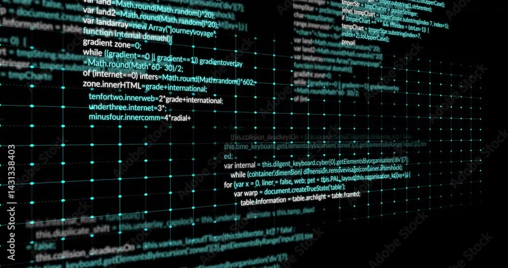 Poster neon-blue waveform zigzagging across digital grid while javascript code snippets overlaying
